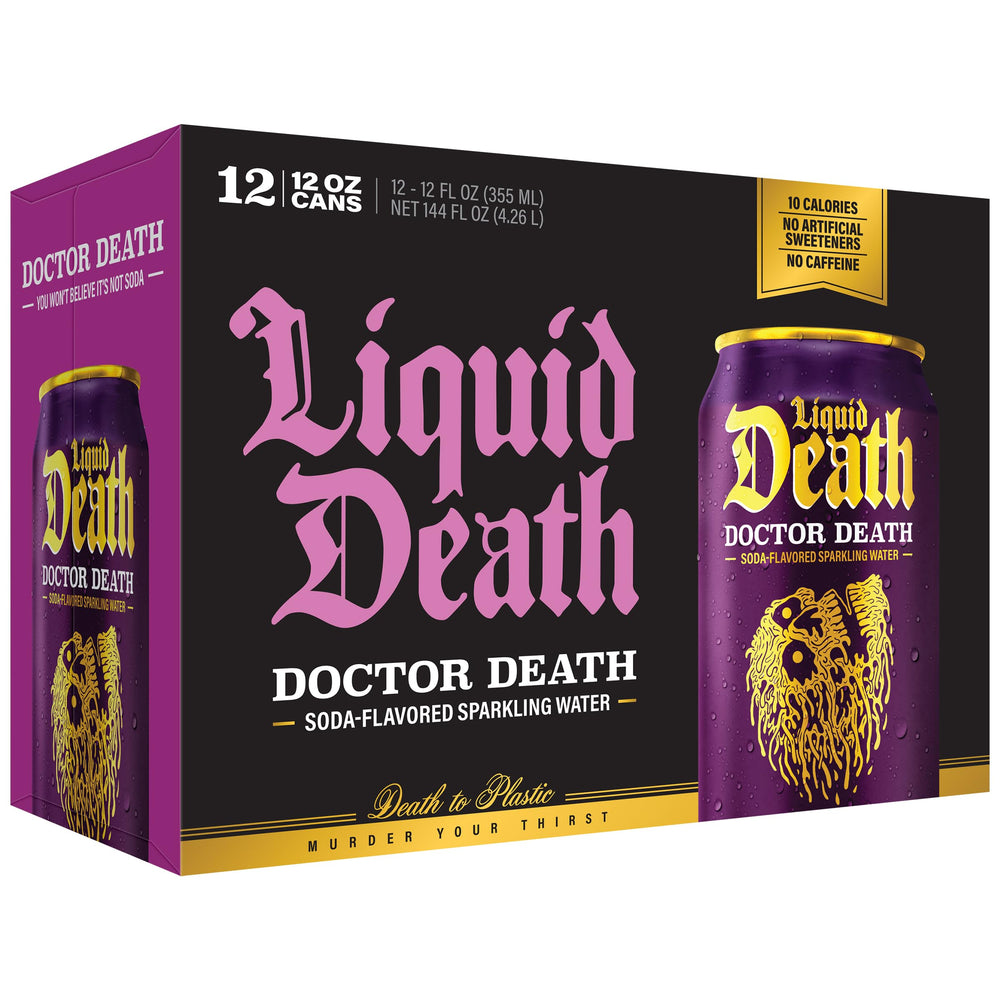Liquid Death Doctor Death flavor close-up suggests cherry, vanilla, and spice.