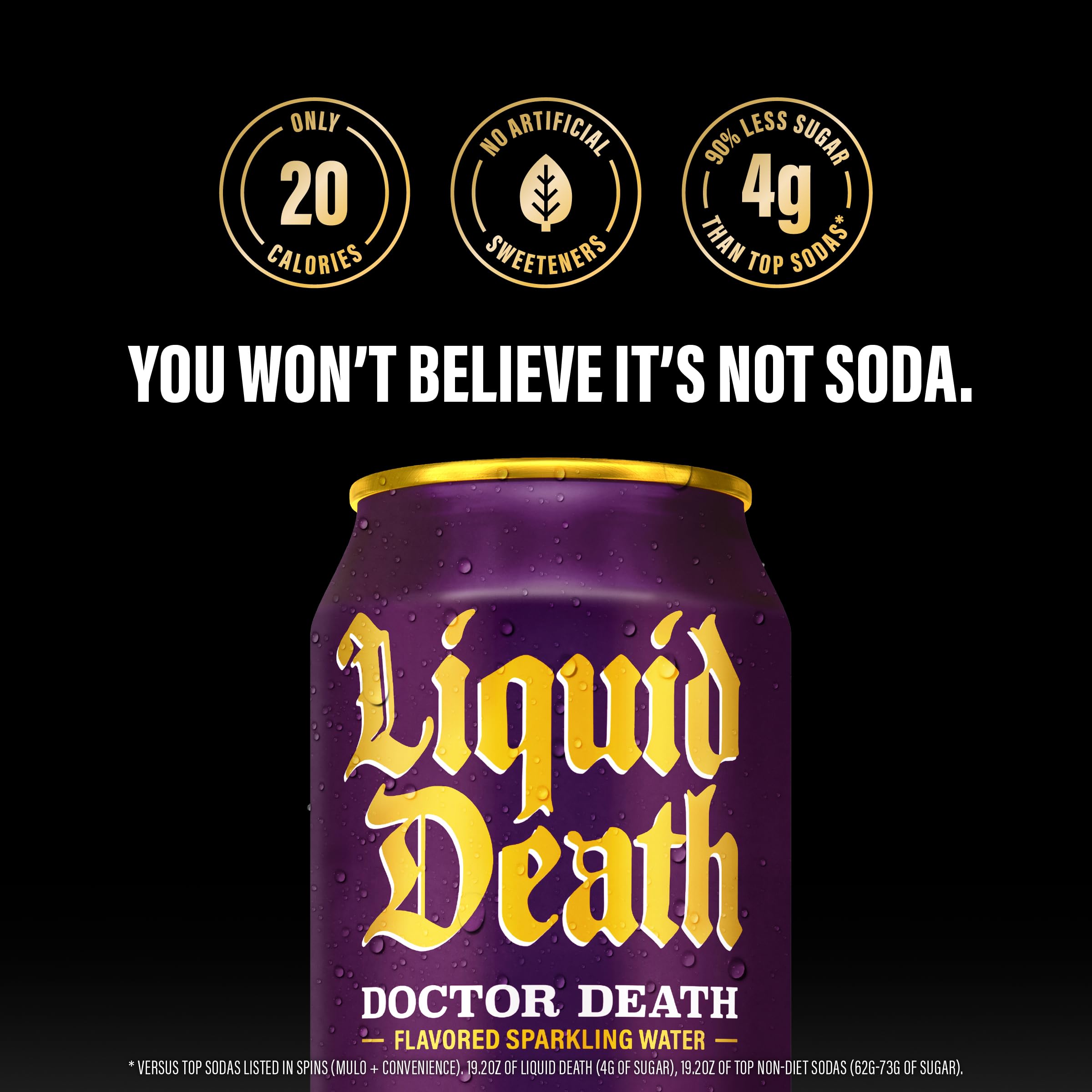 Liquid Death Doctor Death can being poured into a glass to reveal fizz