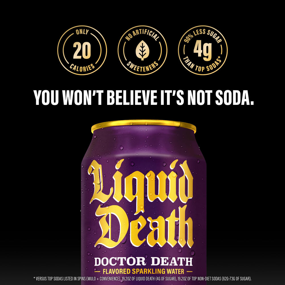 Liquid Death Doctor Death can being poured into a glass to reveal fizz