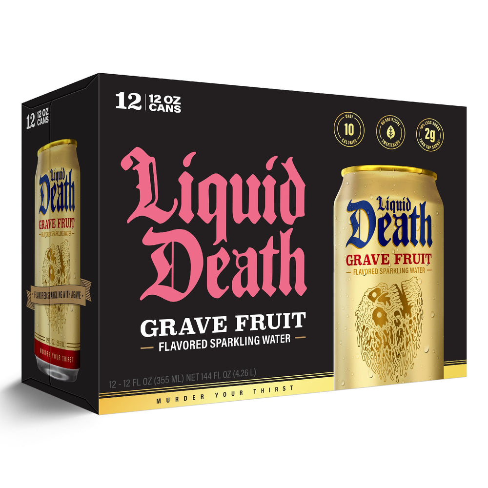 Liquid Death Grave Fruit cans in fridge show ready-to-hydrate option.