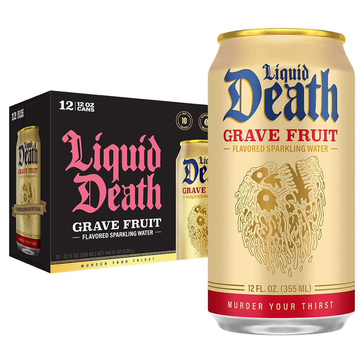 Liquid Death Grave Fruit front can, bold grapefruit flavor on the go.
