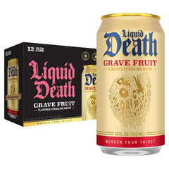 Liquid Death Grave Fruit front can, bold grapefruit flavor on the go.