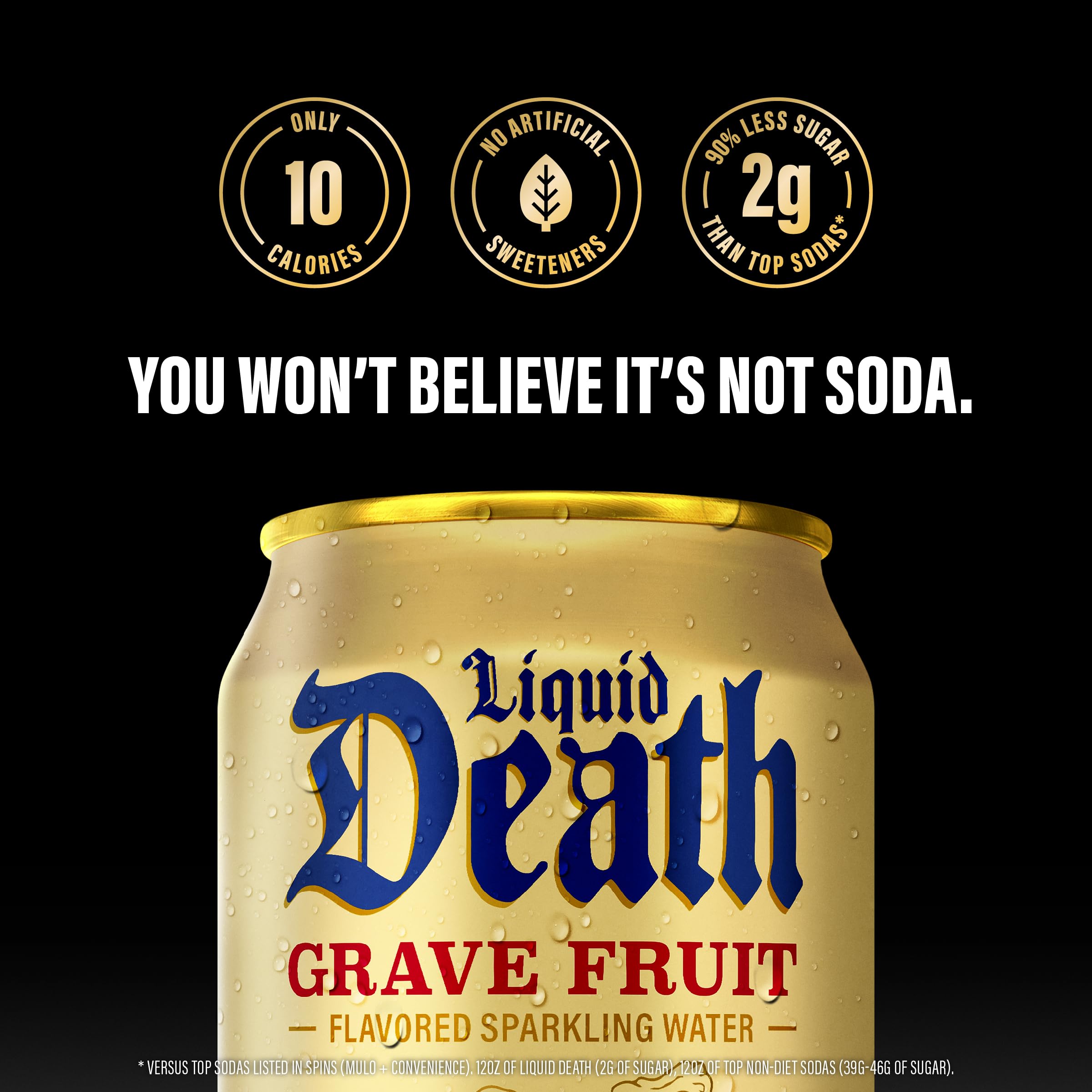 Liquid Death Grave Fruit label closeup, clean ingredients with no artificial sweeteners.