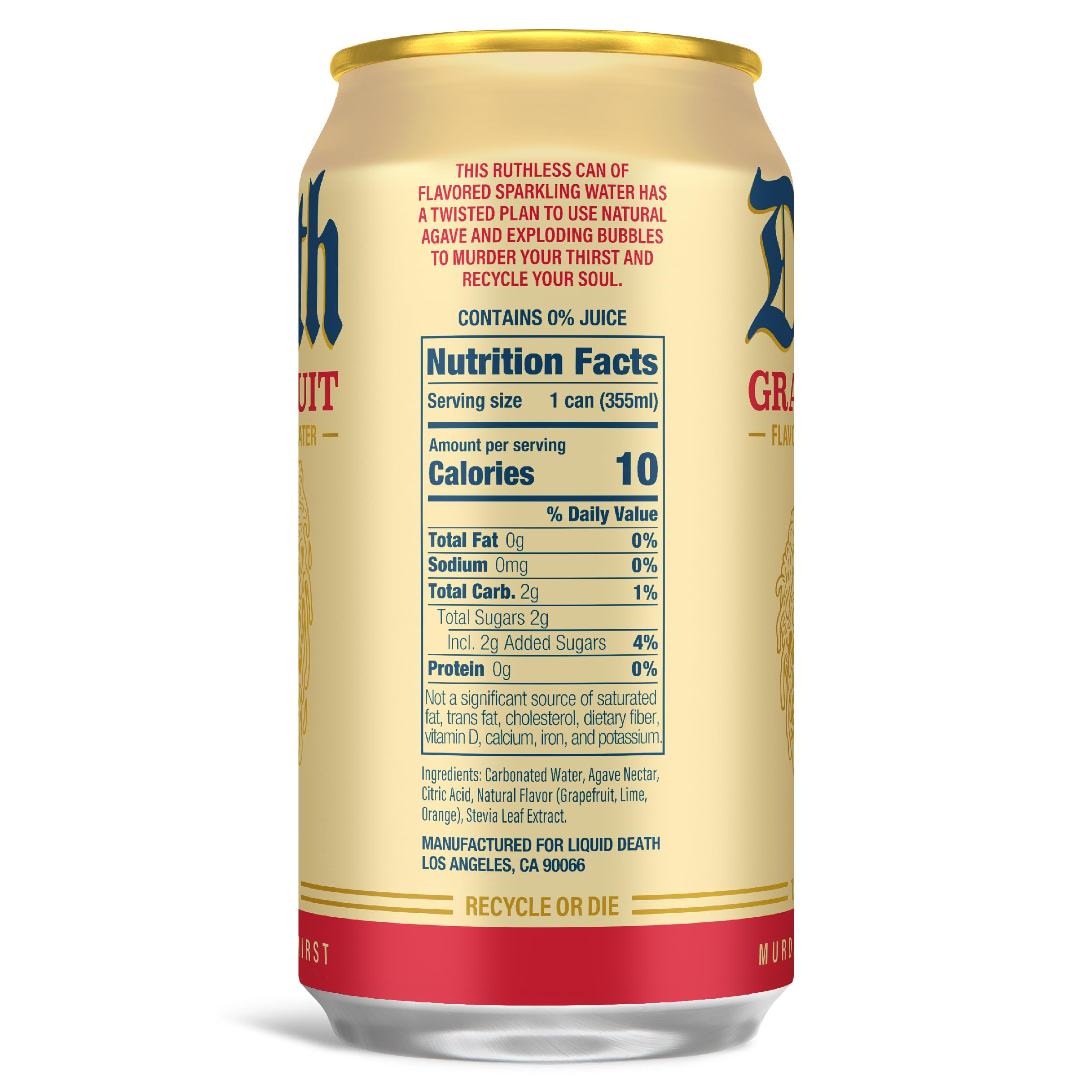Liquid Death Grave Fruit side can, sleek design for daily hydration.