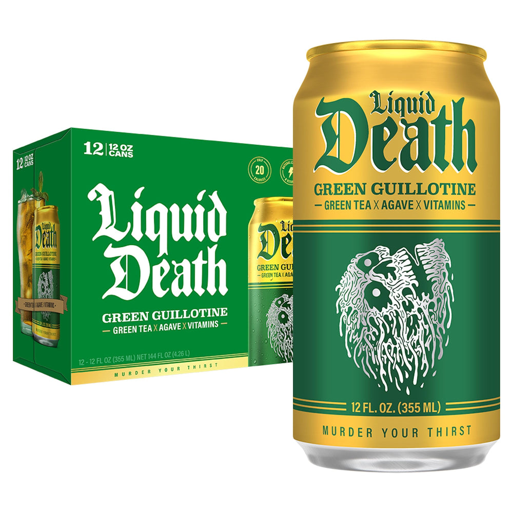 Liquid Death Green Guillotine green tea can with low sugar and bold flavor