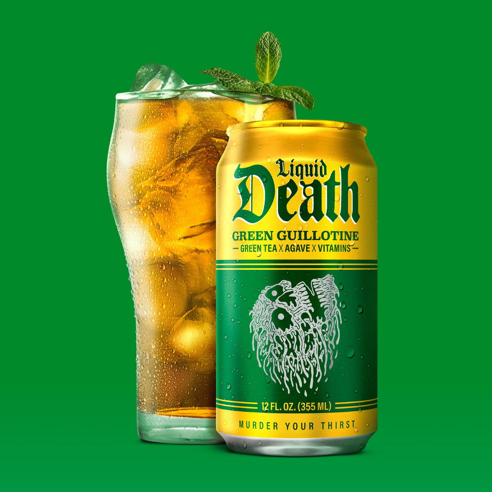 Liquid Death logo close-up on the Green Guillotine can