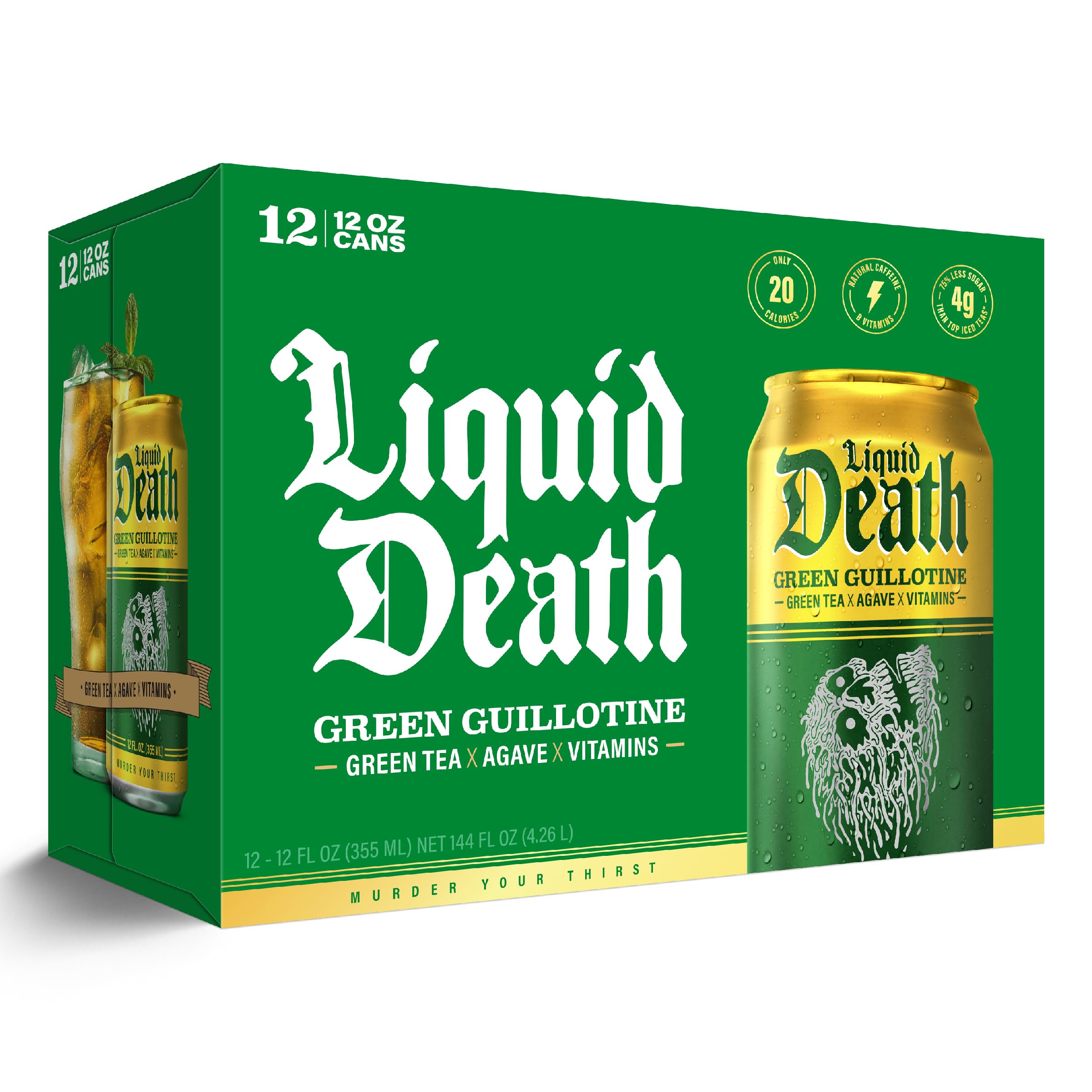 Can label stating no artificial sweeteners on Liquid Death Green Guillotine