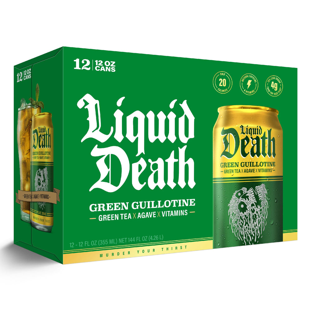 Can label stating no artificial sweeteners on Liquid Death Green Guillotine