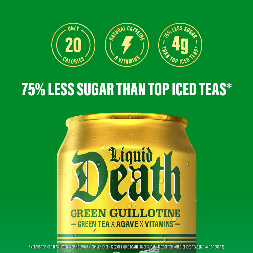 Liquid Death Green Guillotine being poured for a refreshing iced tea moment