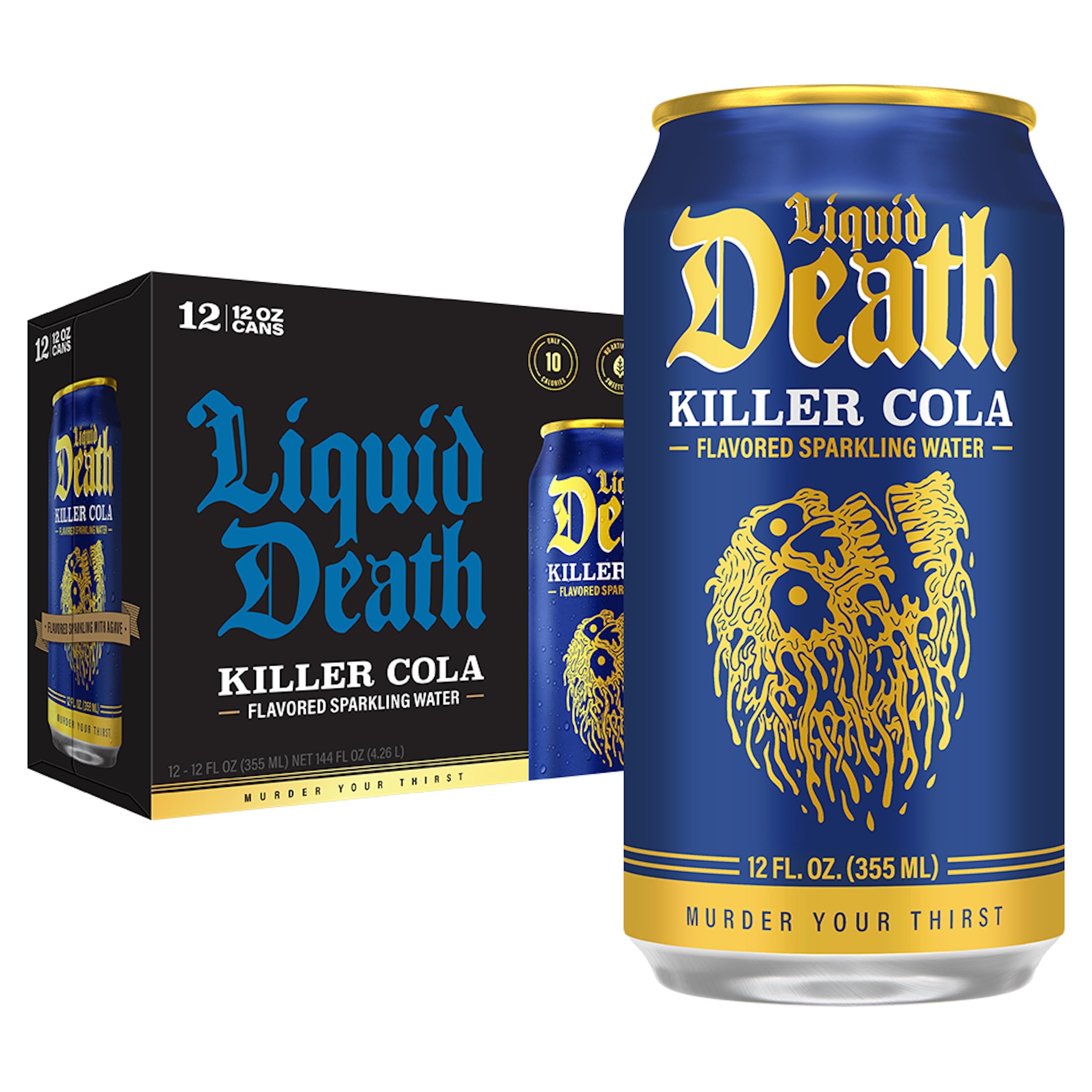 Liquid Death Killer Cola can close-up shows bold flavor with lower sugar.