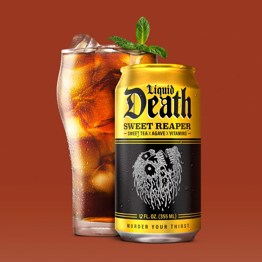 Liquid Death label close-up showing recyclable packaging and clean branding.