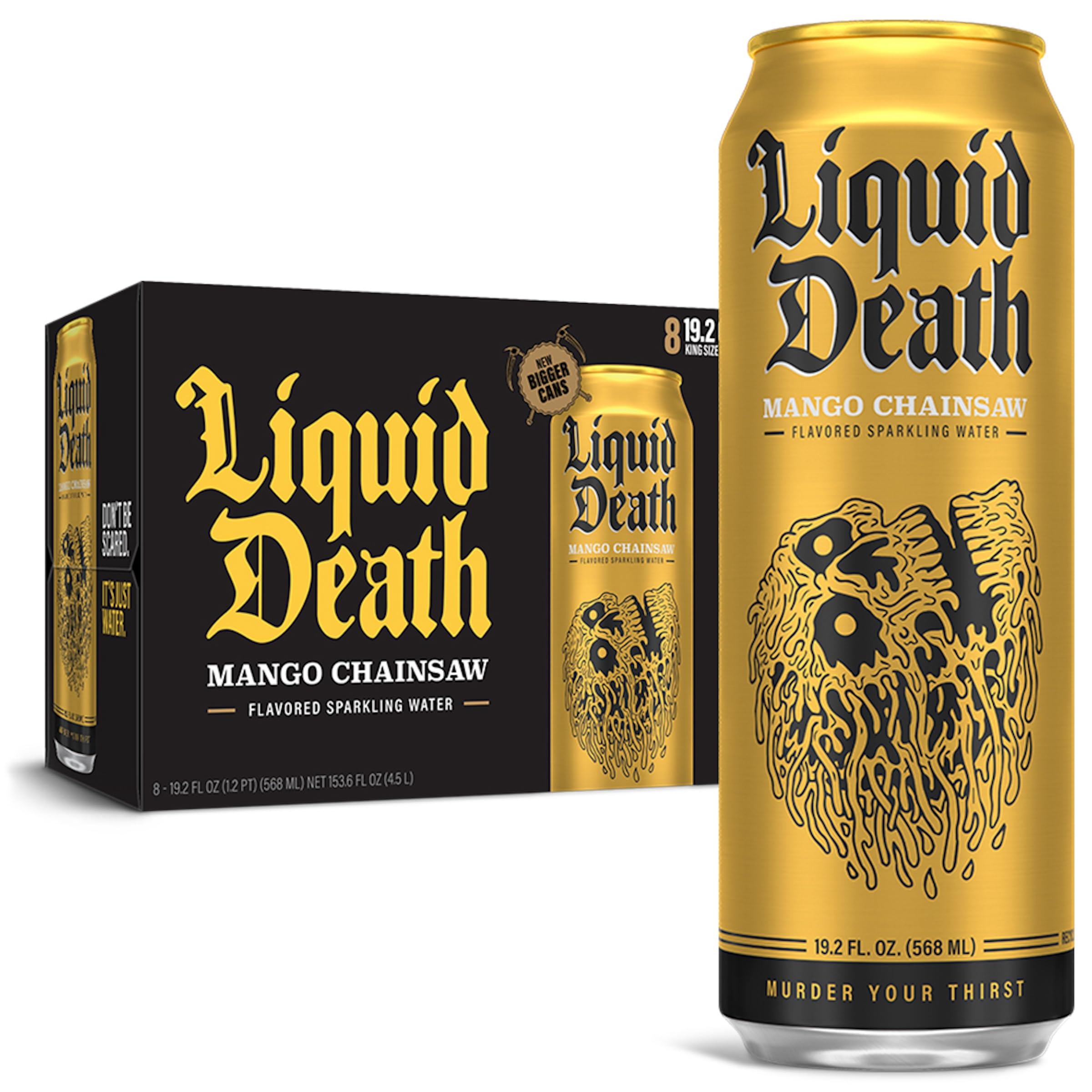 Liquid Death Mango Chainsaw can for refreshing mango flavor and hydration.