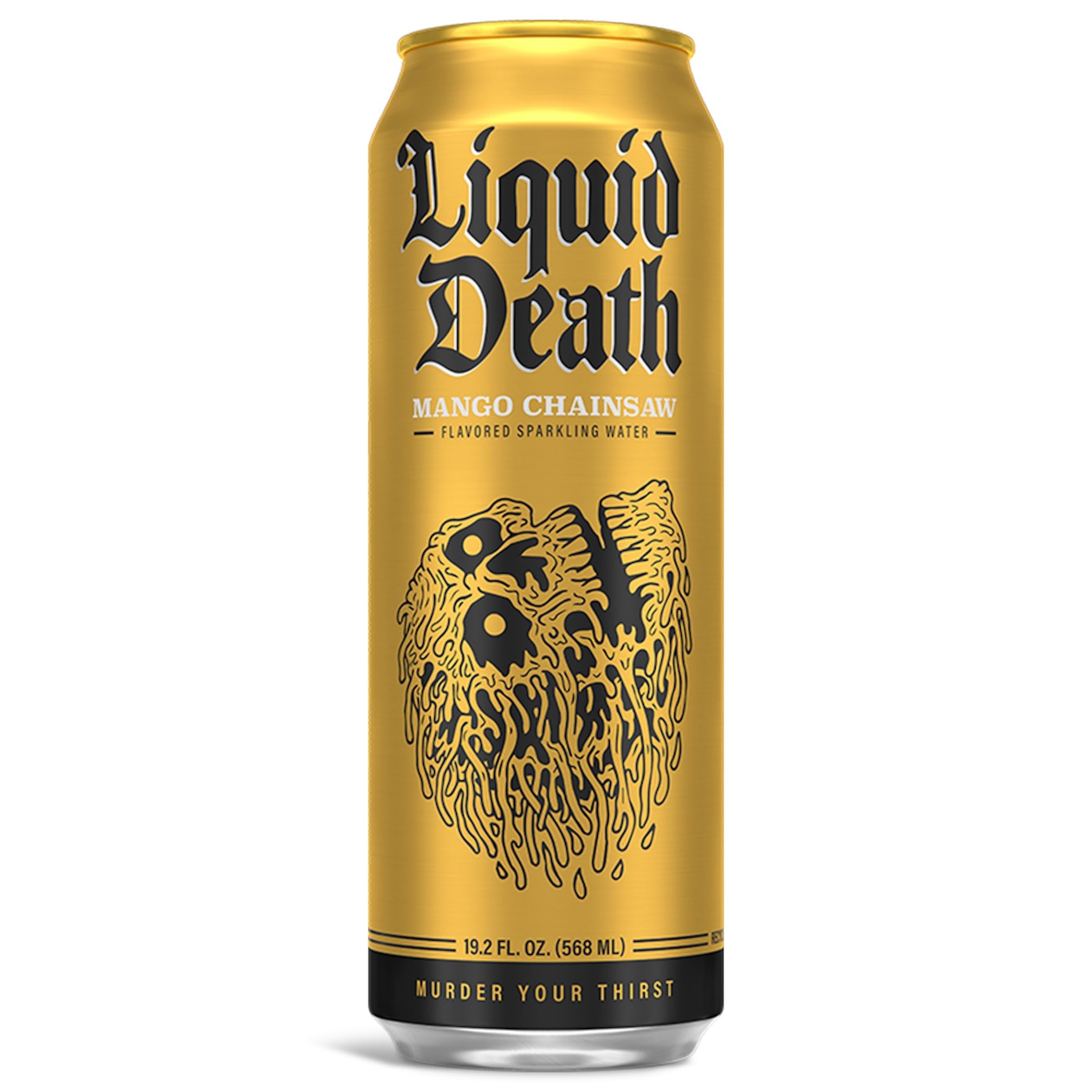 Liquid Death Mango Chainsaw can on a hike to quench thirst.