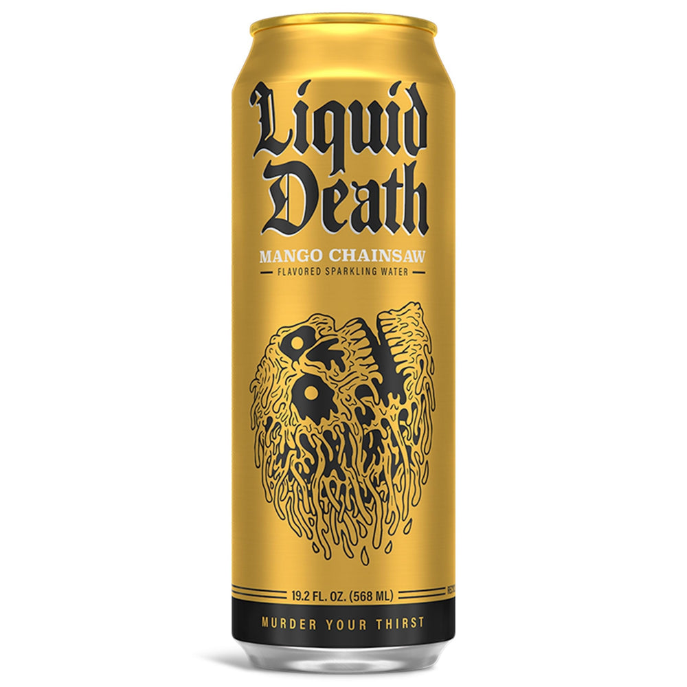 Liquid Death Mango Chainsaw can on a hike to quench thirst.