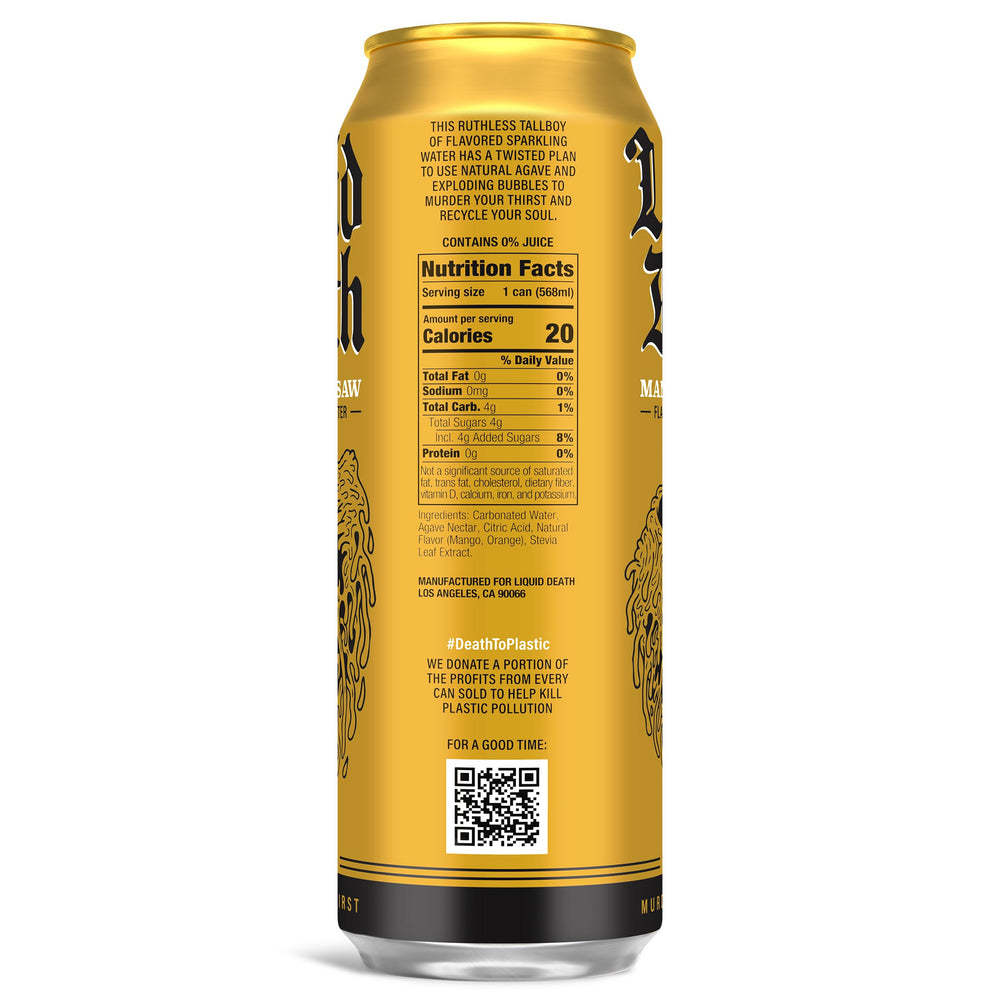 Liquid Death Mango Chainsaw can chilled for outdoor party vibes.