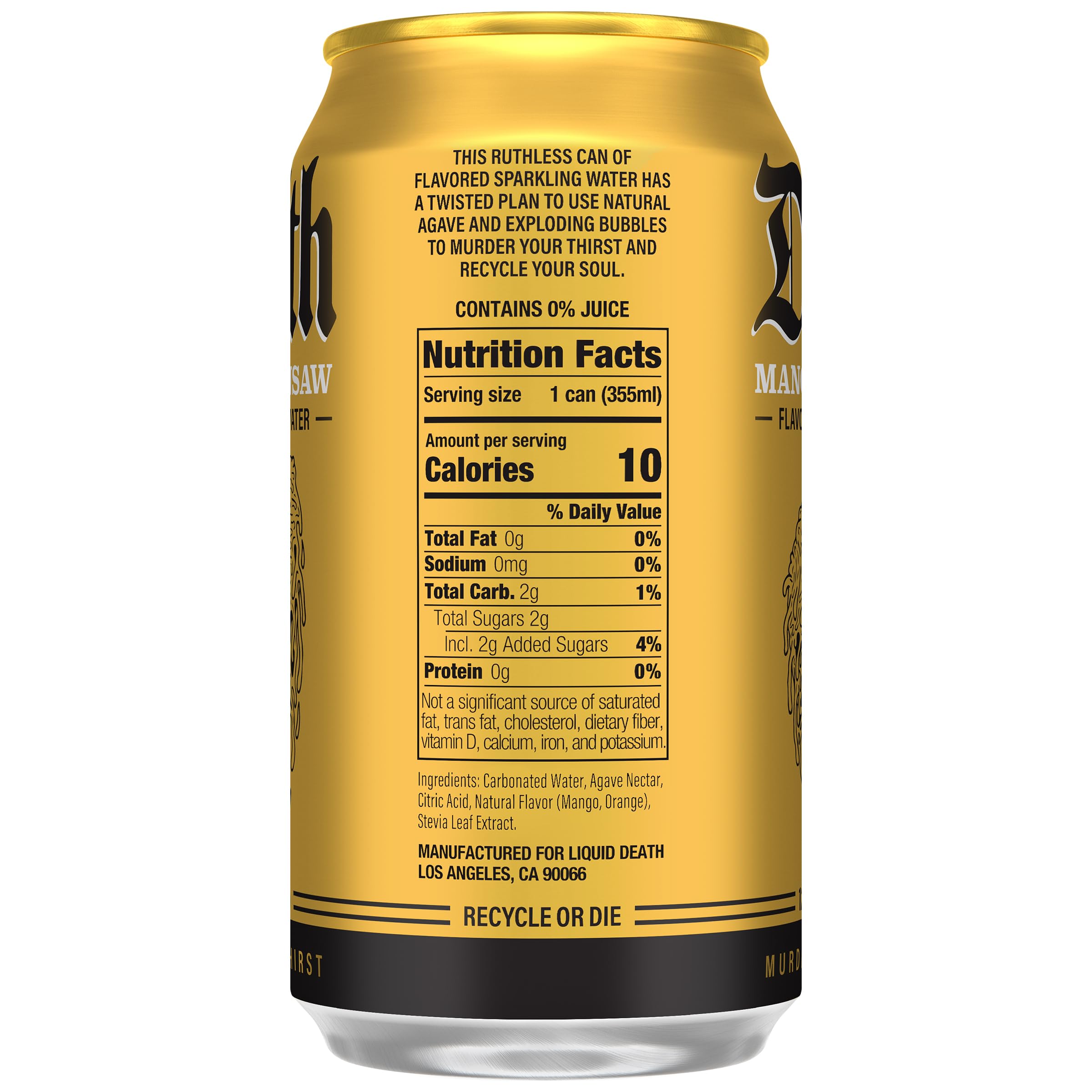 Liquid Death Mango Chainsaw can pour reveals juicy mango aroma.