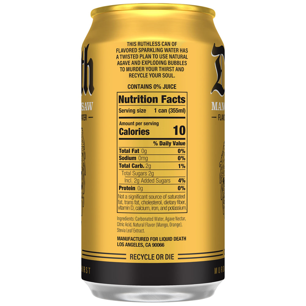 Liquid Death Mango Chainsaw can pour reveals juicy mango aroma.