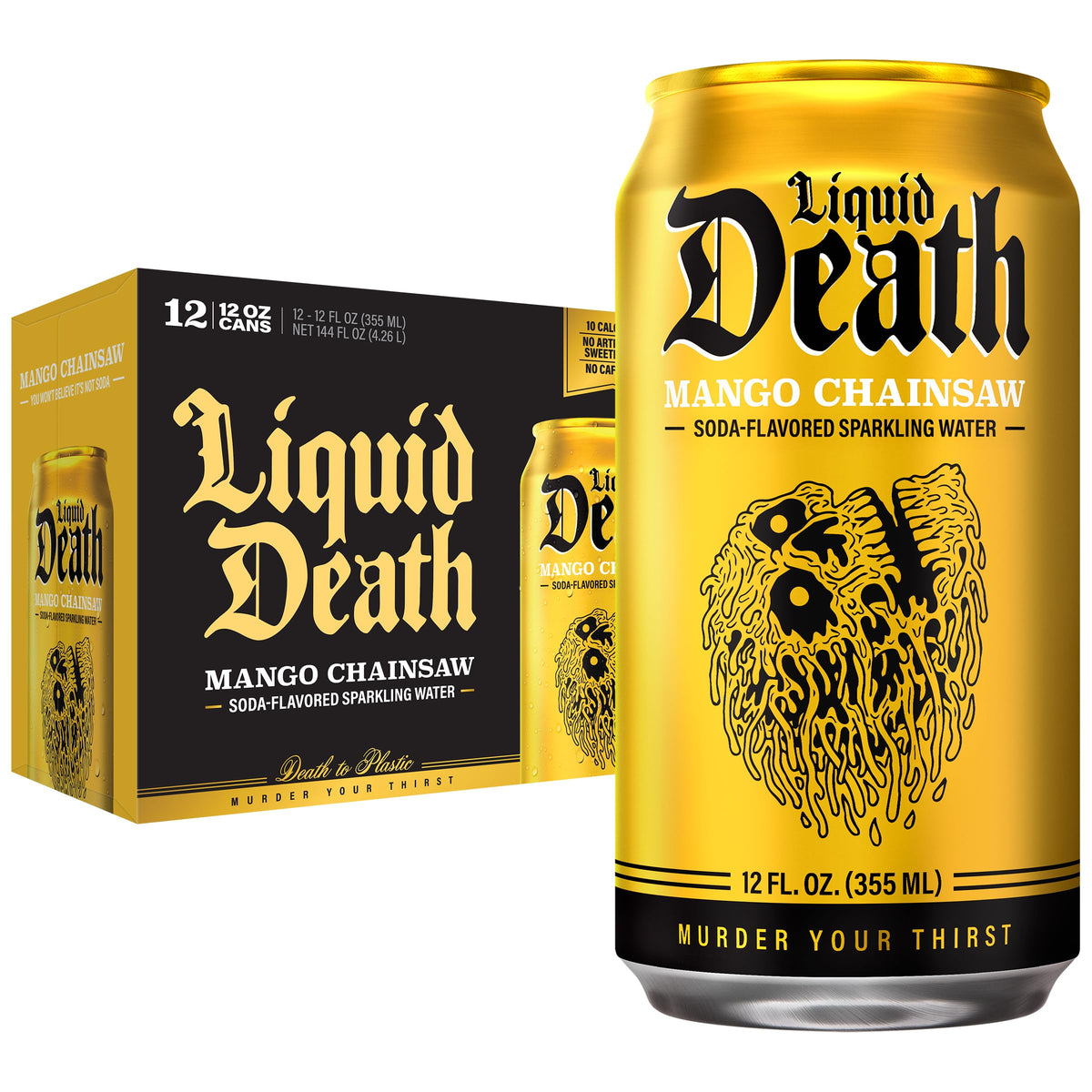 Liquid Death Mango Chainsaw can with vibrant mango flavor and refreshing fizz.