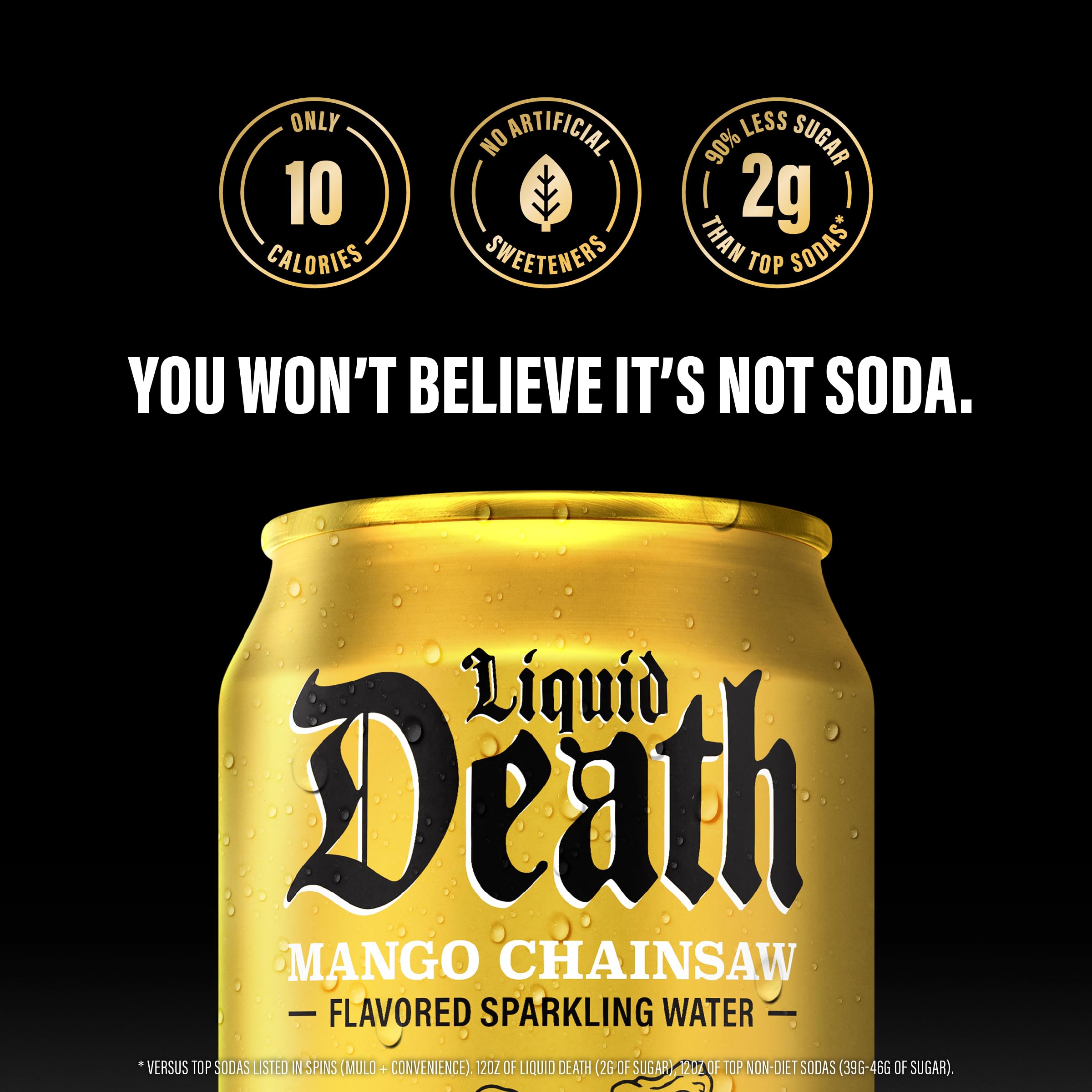 Liquid Death Mango Chainsaw label closeup highlights bold branding.