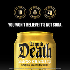 Liquid Death Mango Chainsaw label closeup highlights bold branding.