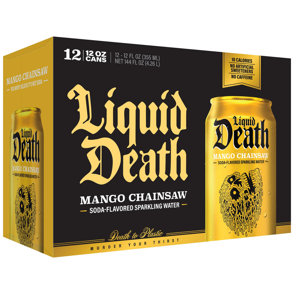 Liquid Death Mango Chainsaw mango graphic conveys tropical flavor.