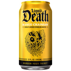 Liquid Death Mango Chainsaw pack of 12 ready for gatherings.