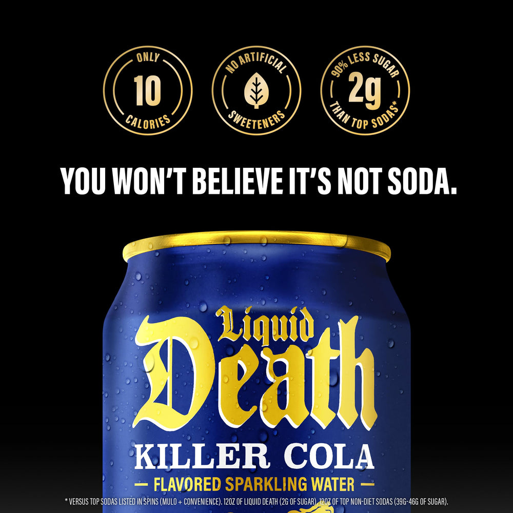 Liquid Death no caffeine label for all-day hydration without jitters.