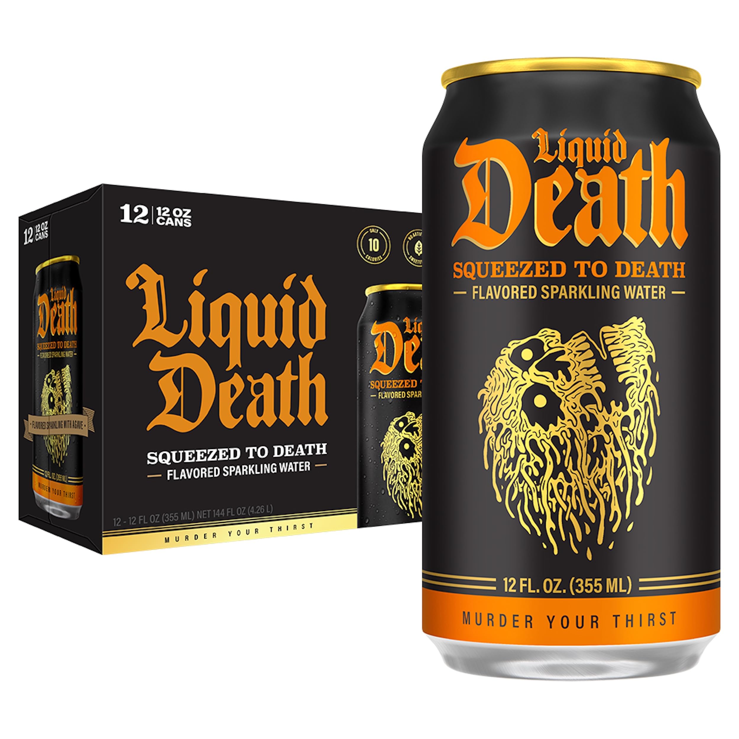 Liquid Death orange can front shows bold flavor and recyclability.
