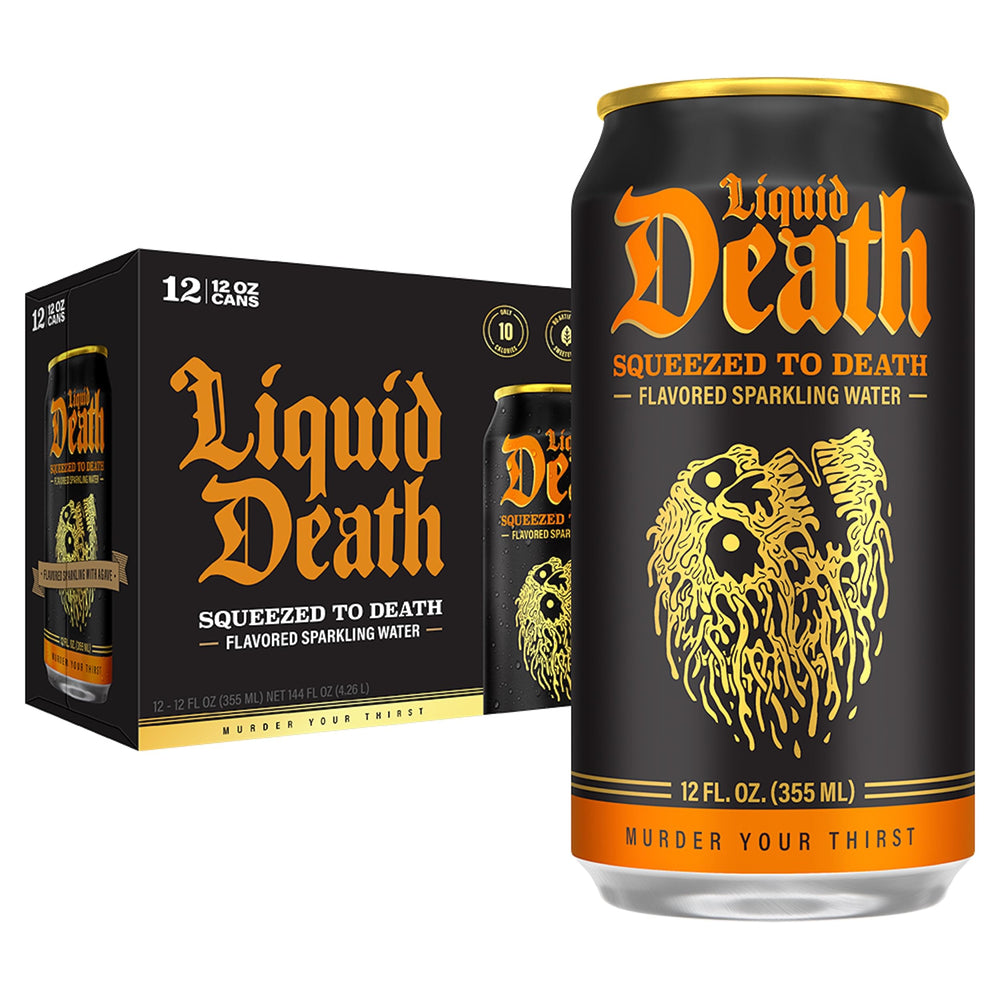 Liquid Death orange can front shows bold flavor and recyclability.