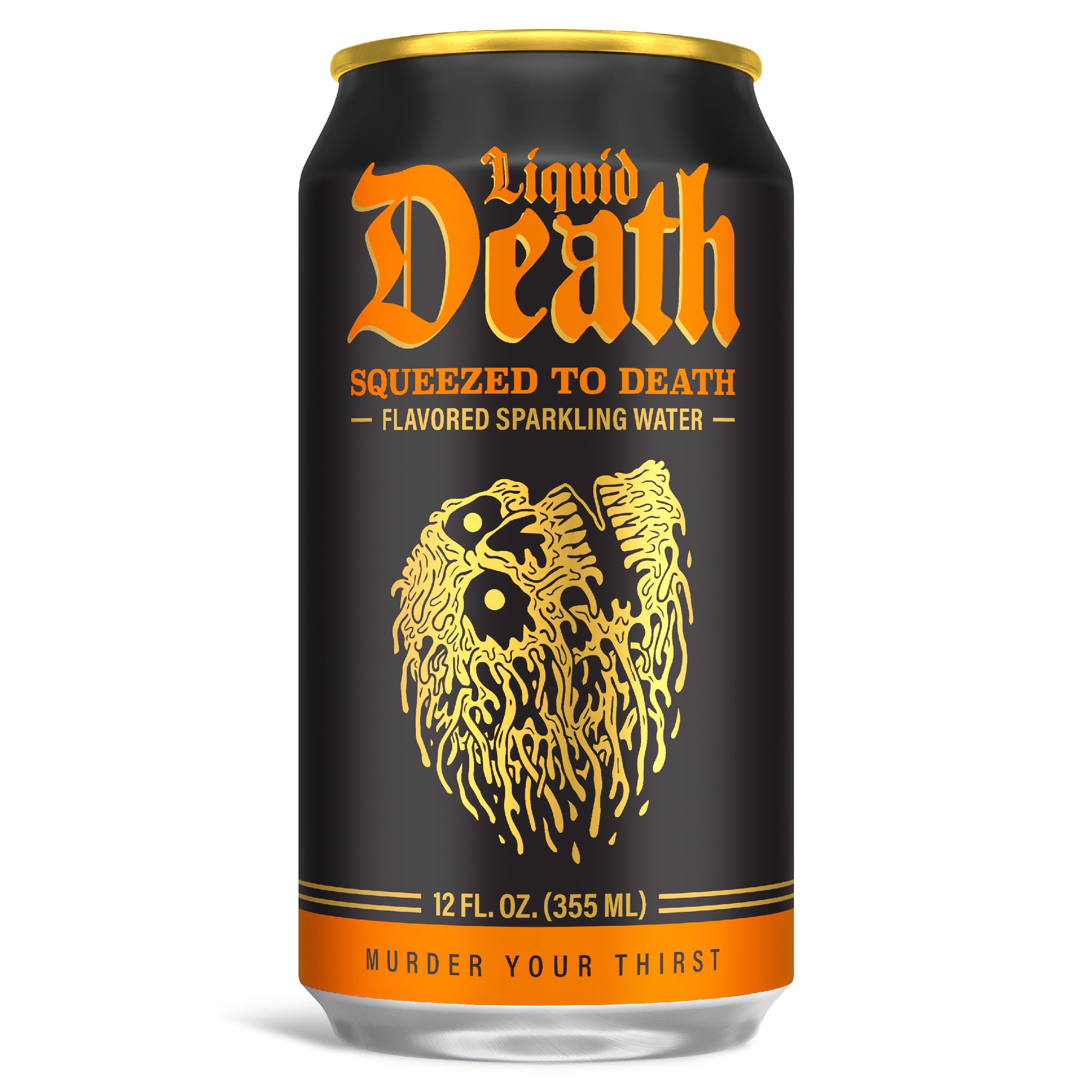 Liquid Death orange can side view with branding and packaging convenience.