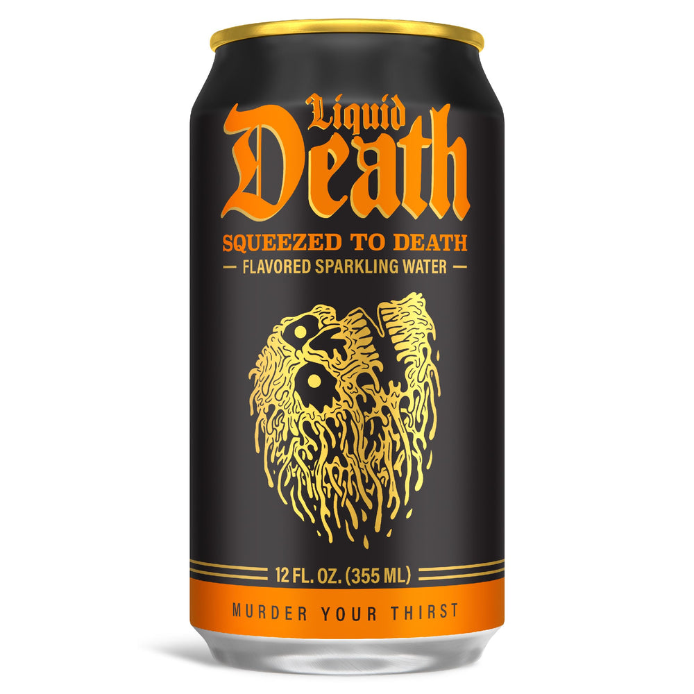 Liquid Death orange can side view with branding and packaging convenience.