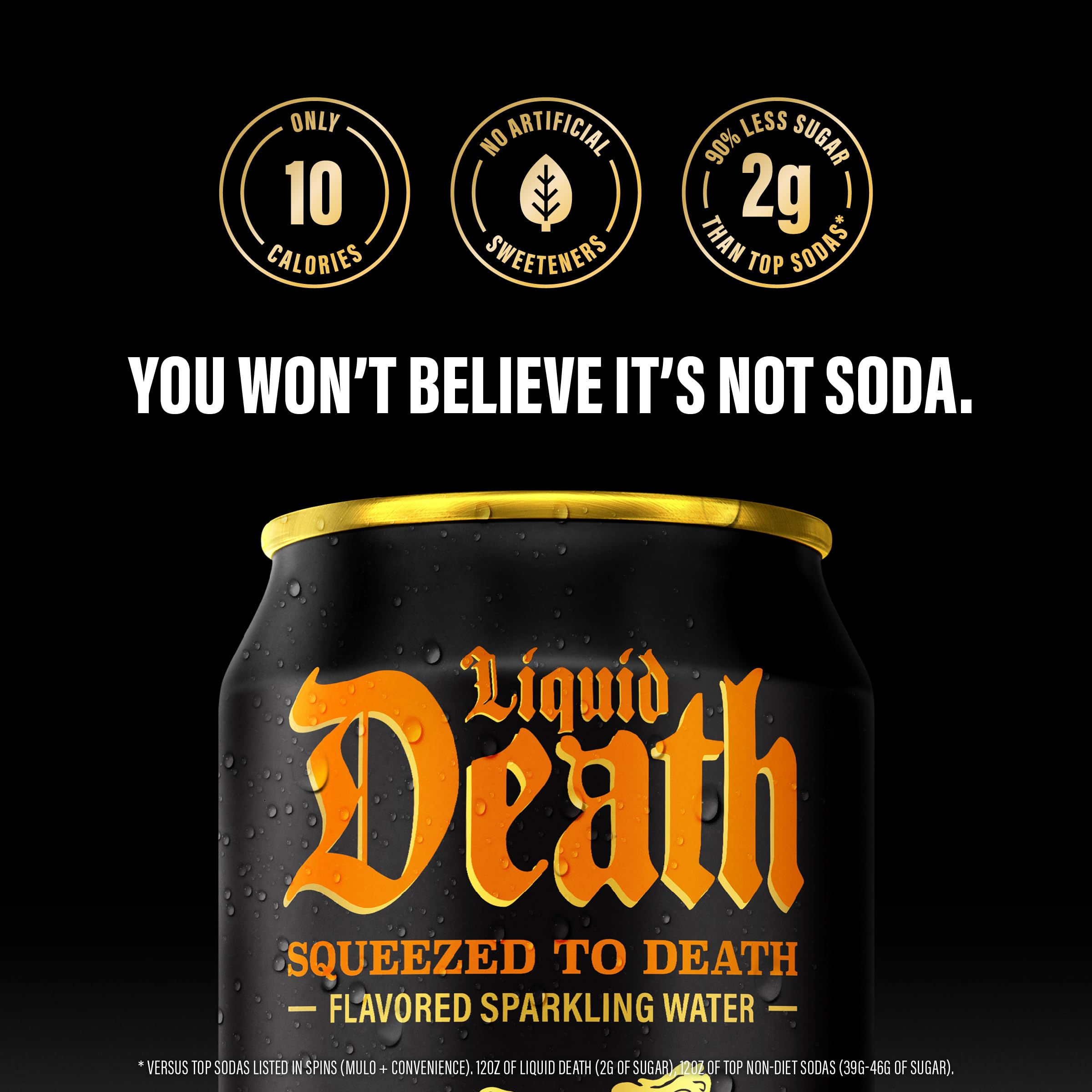 Liquid Death orange soda in a glass highlights juicy flavor for tasting.