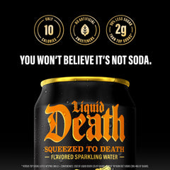 Liquid Death orange soda in a glass highlights juicy flavor for tasting.
