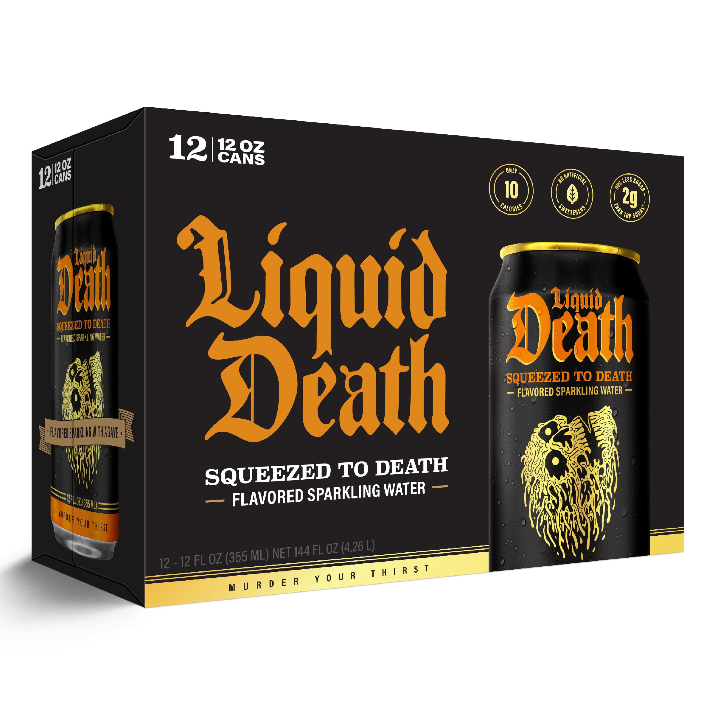 Close-up of Liquid Death label shows low sugar and caffeine-free promise.