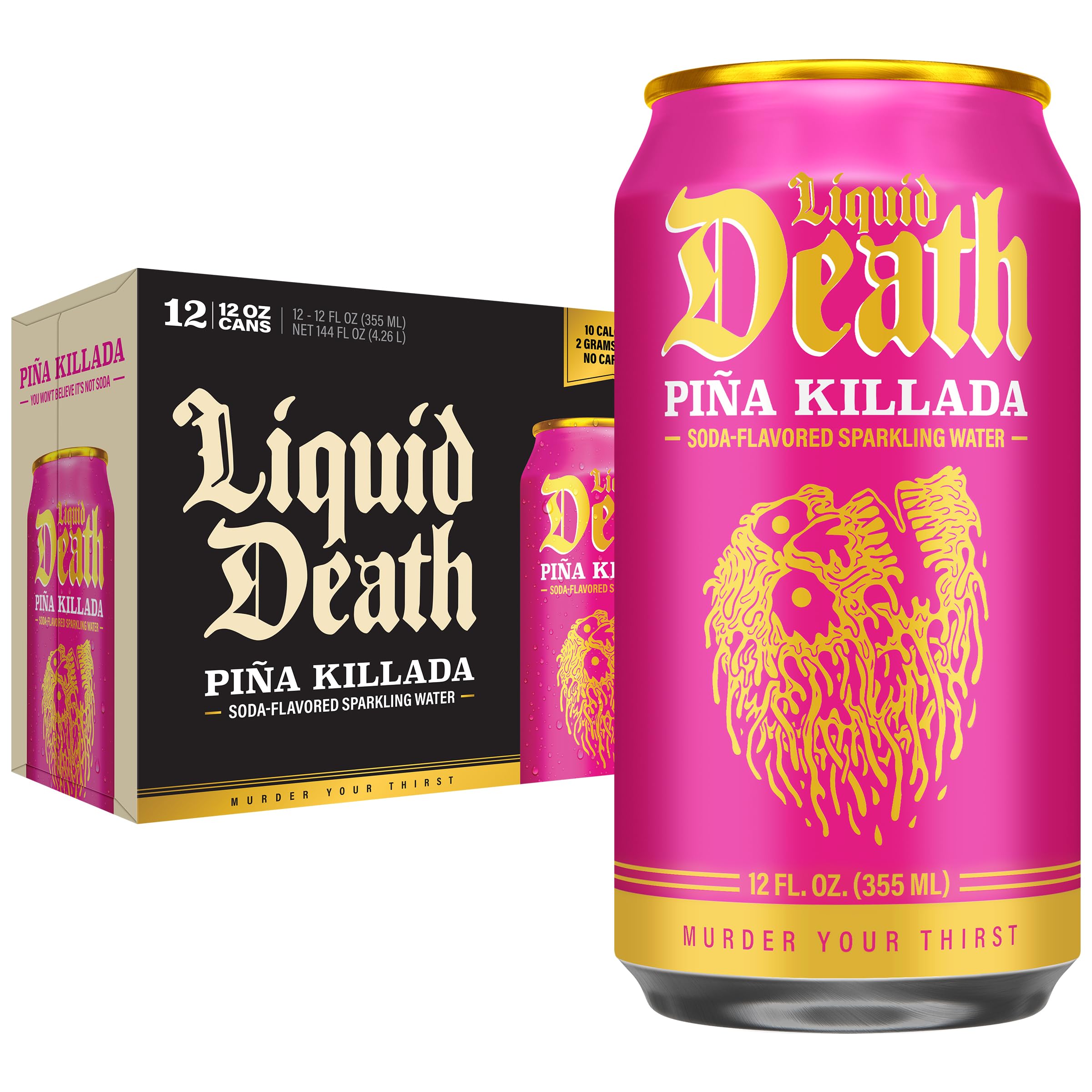 Liquid Death Piña Killada can front view with bold flavor and recyclability