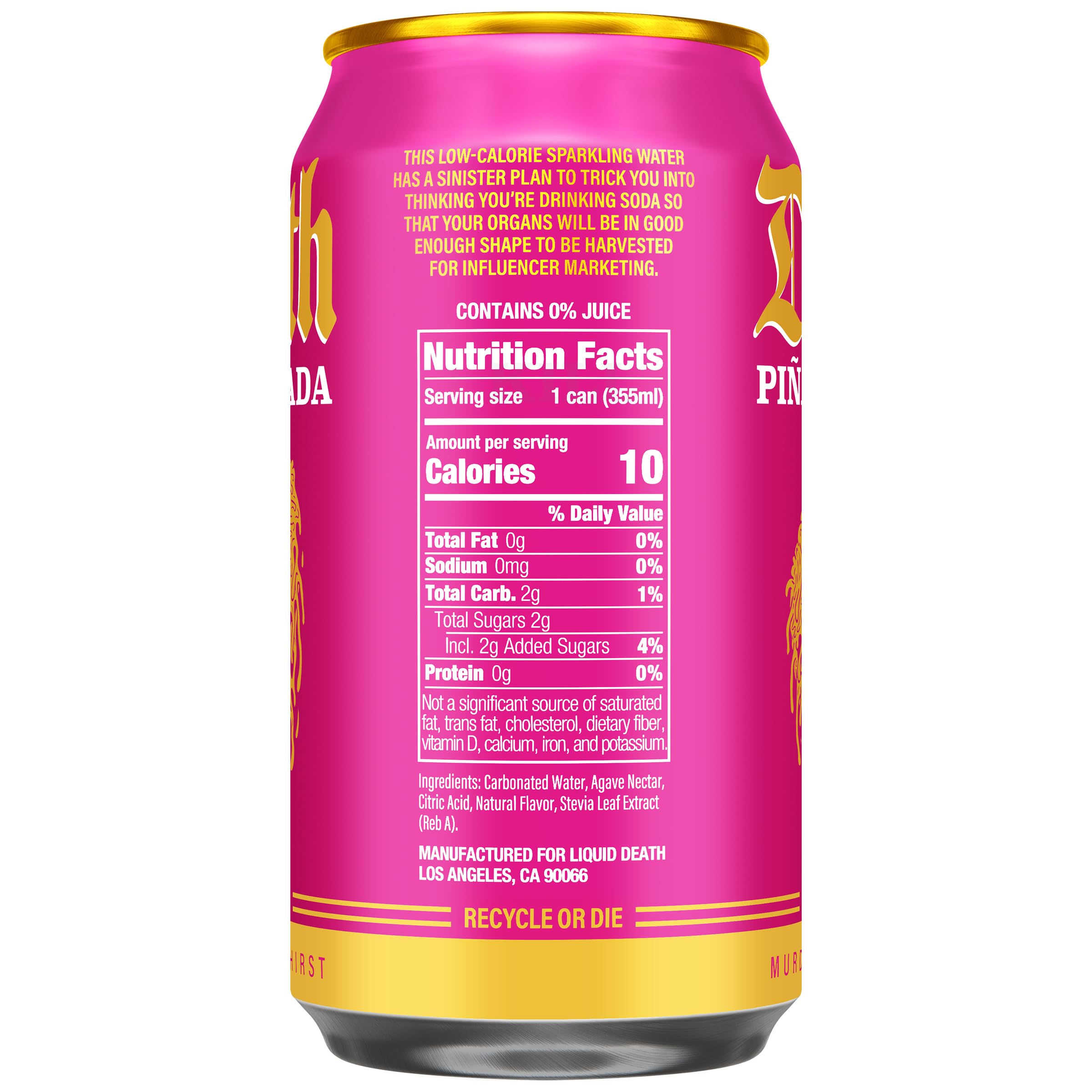 Liquid Death Piña Killada can side view highlighting sugar-conscious appeal