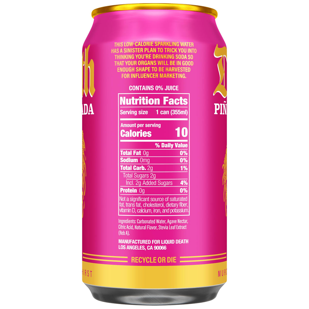 Liquid Death Piña Killada can side view highlighting sugar-conscious appeal