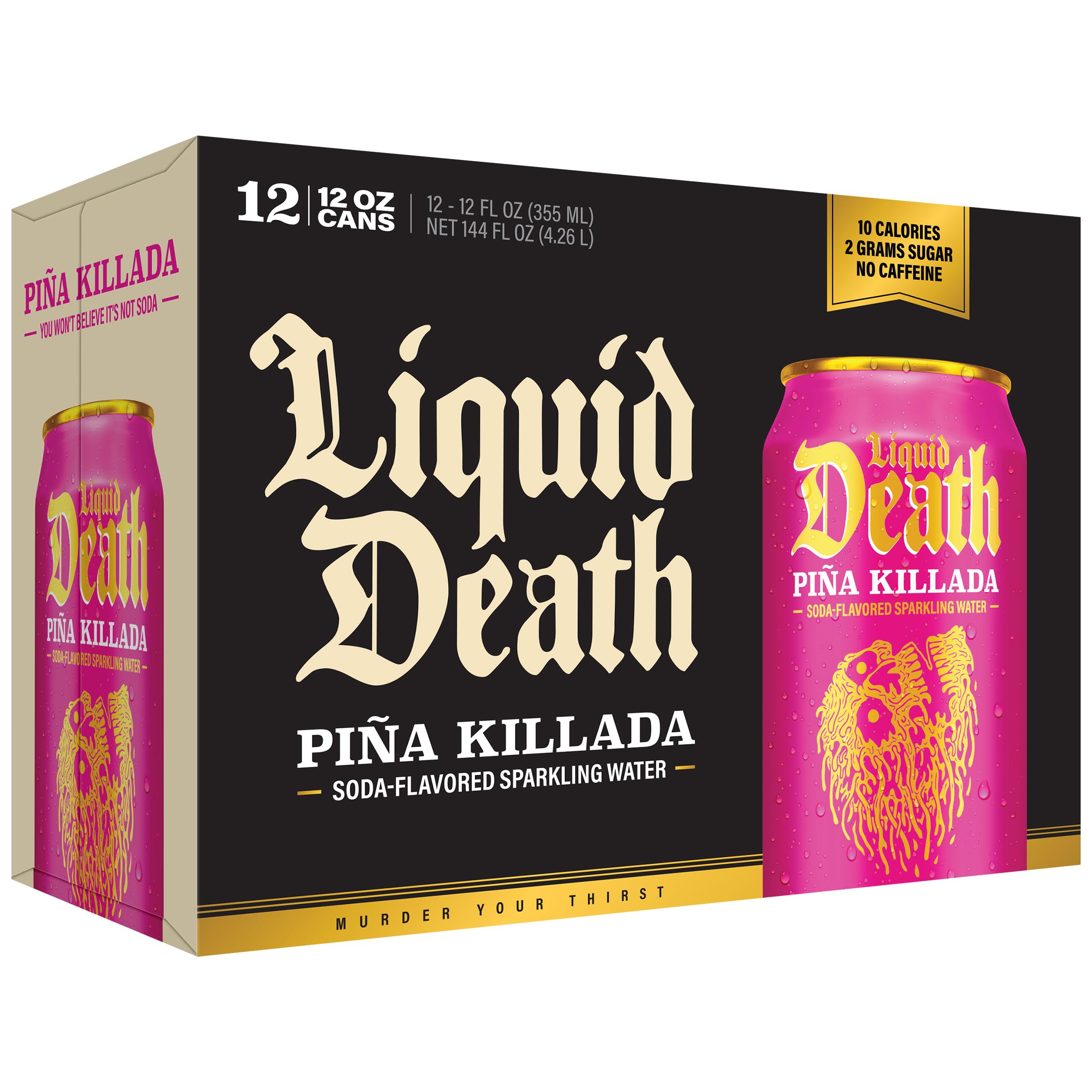 Liquid Death Piña Killada label closeup emphasizing design and no artificial sweeteners