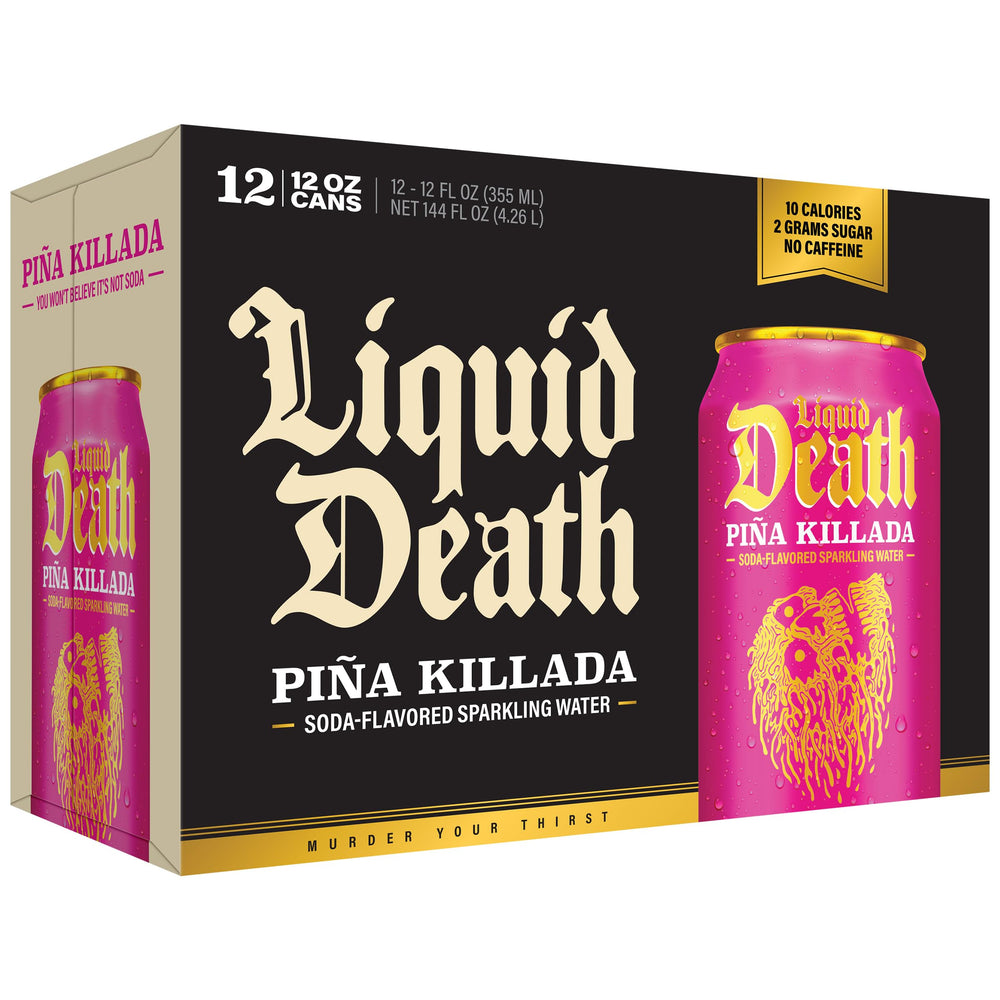 Liquid Death Piña Killada label closeup emphasizing design and no artificial sweeteners