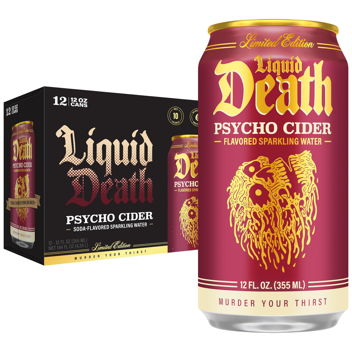 Liquid Death Psycho Cider can on table showing bold apple cinnamon flavor.
