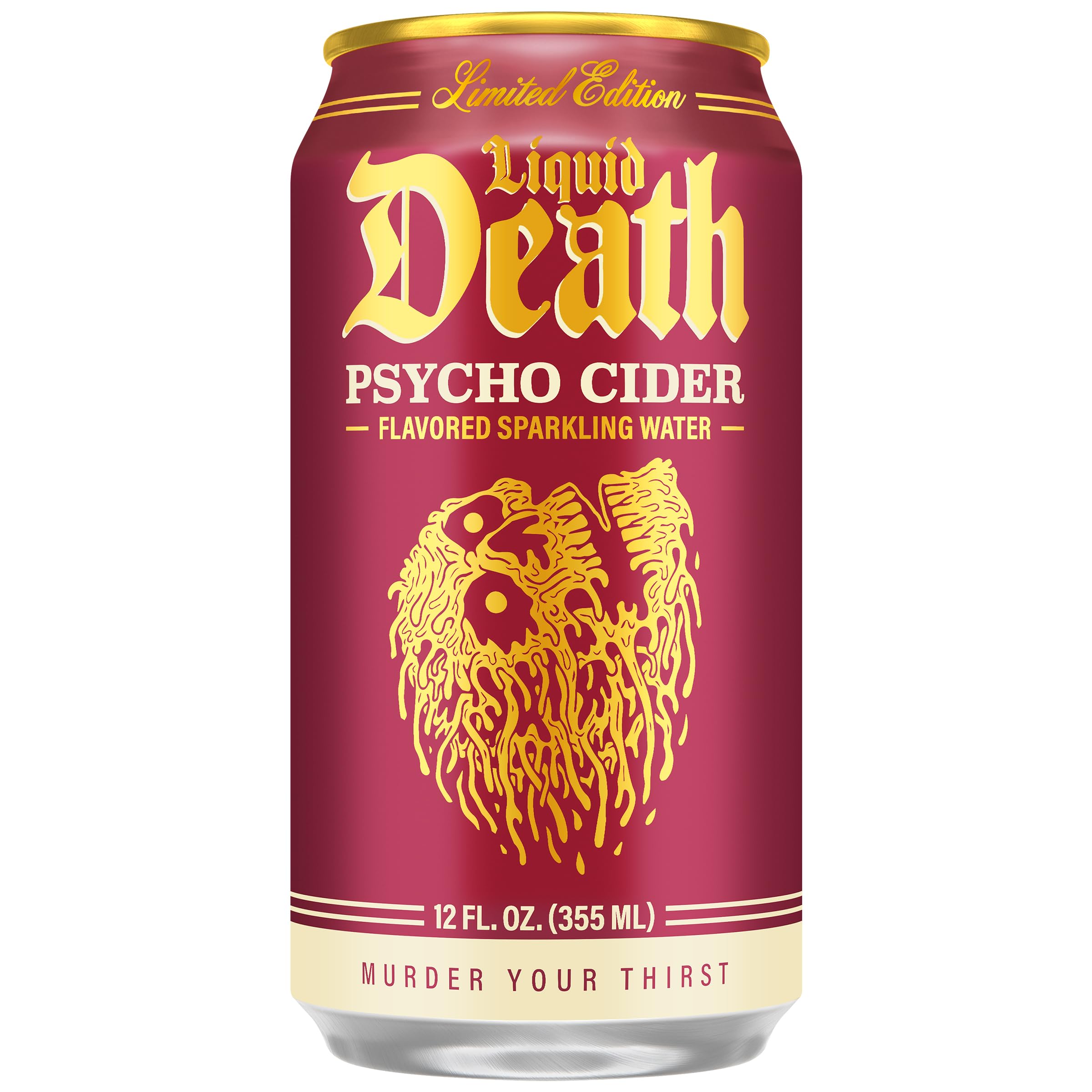 Liquid Death Psycho Cider poured into glass with bubbly, caffeine-free refreshment.