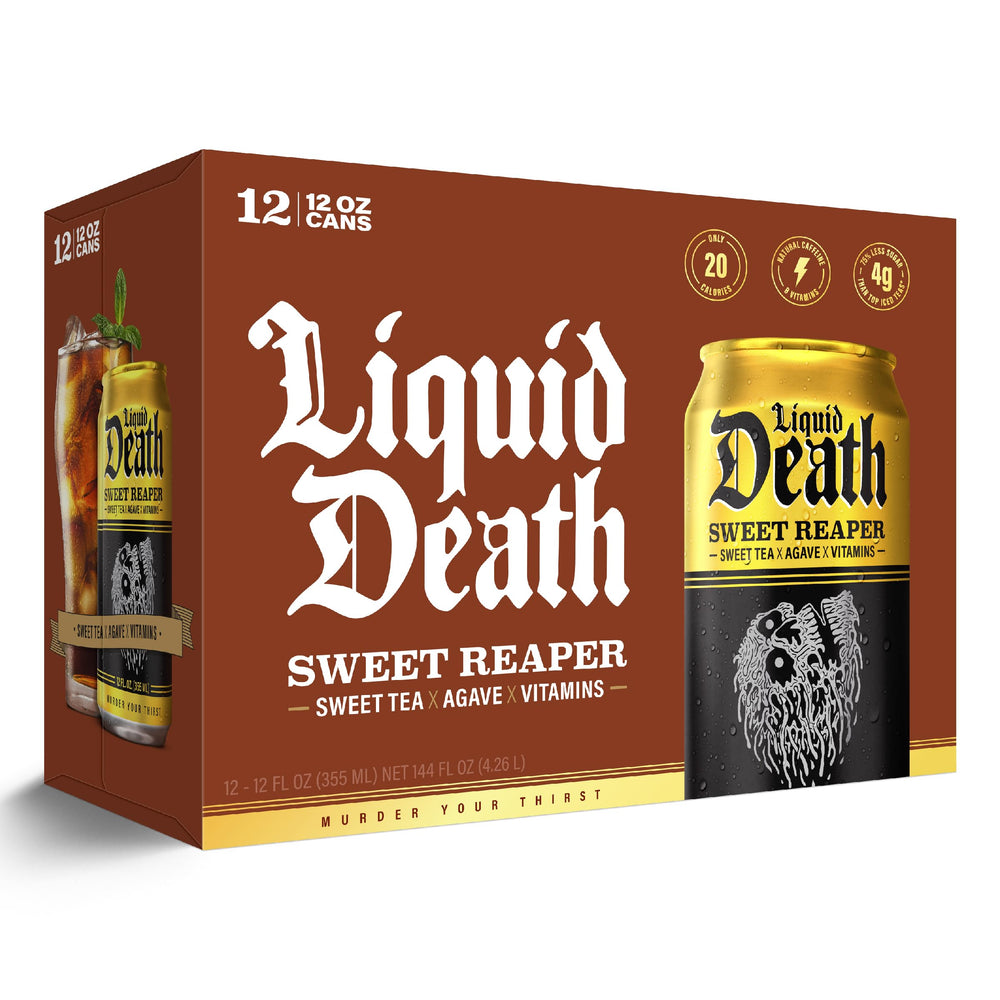 Liquid Death recyclable aluminum cans supporting eco-friendly sipping.