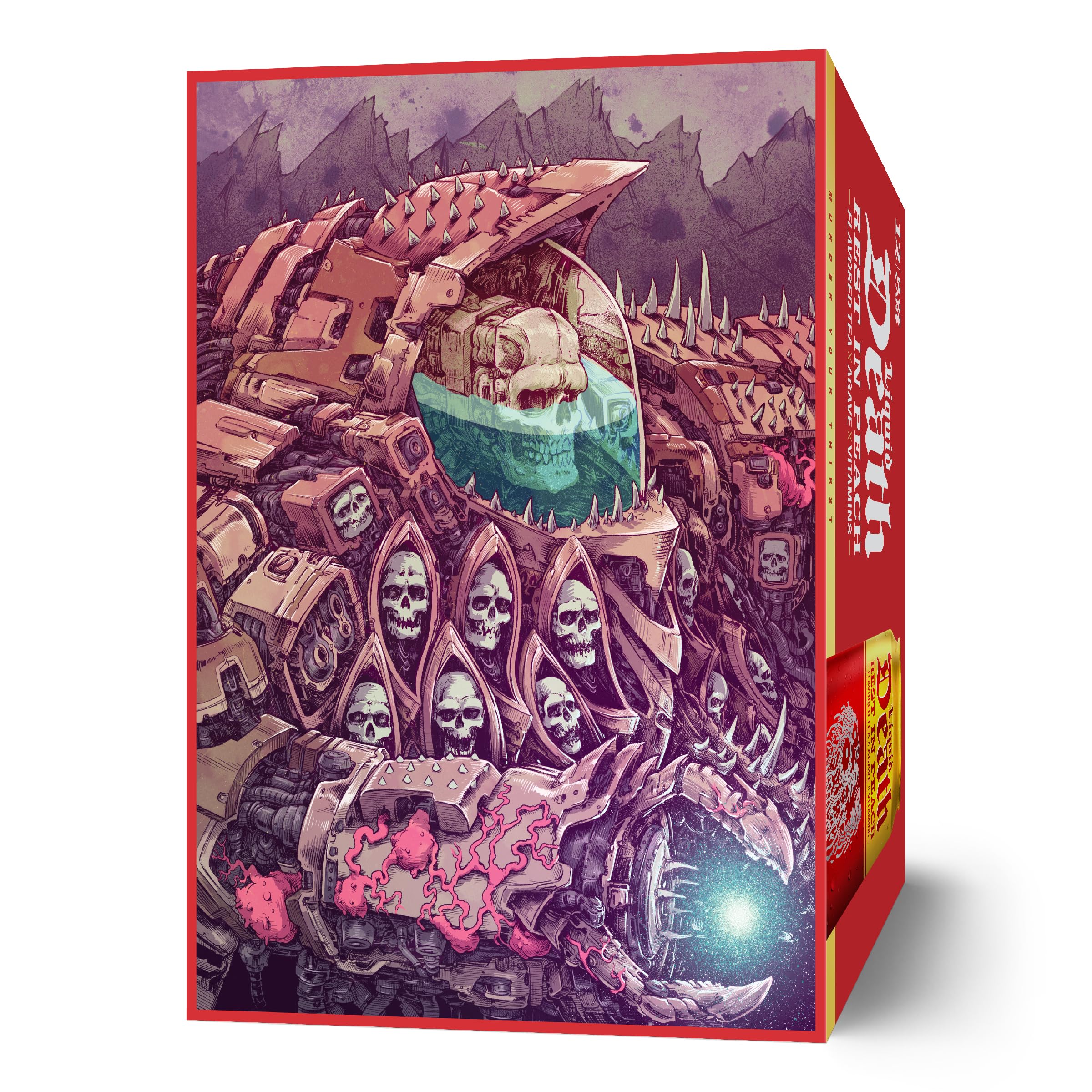 Liquid Death Rest In Peach ambient scene evokes crisp tea and energy.