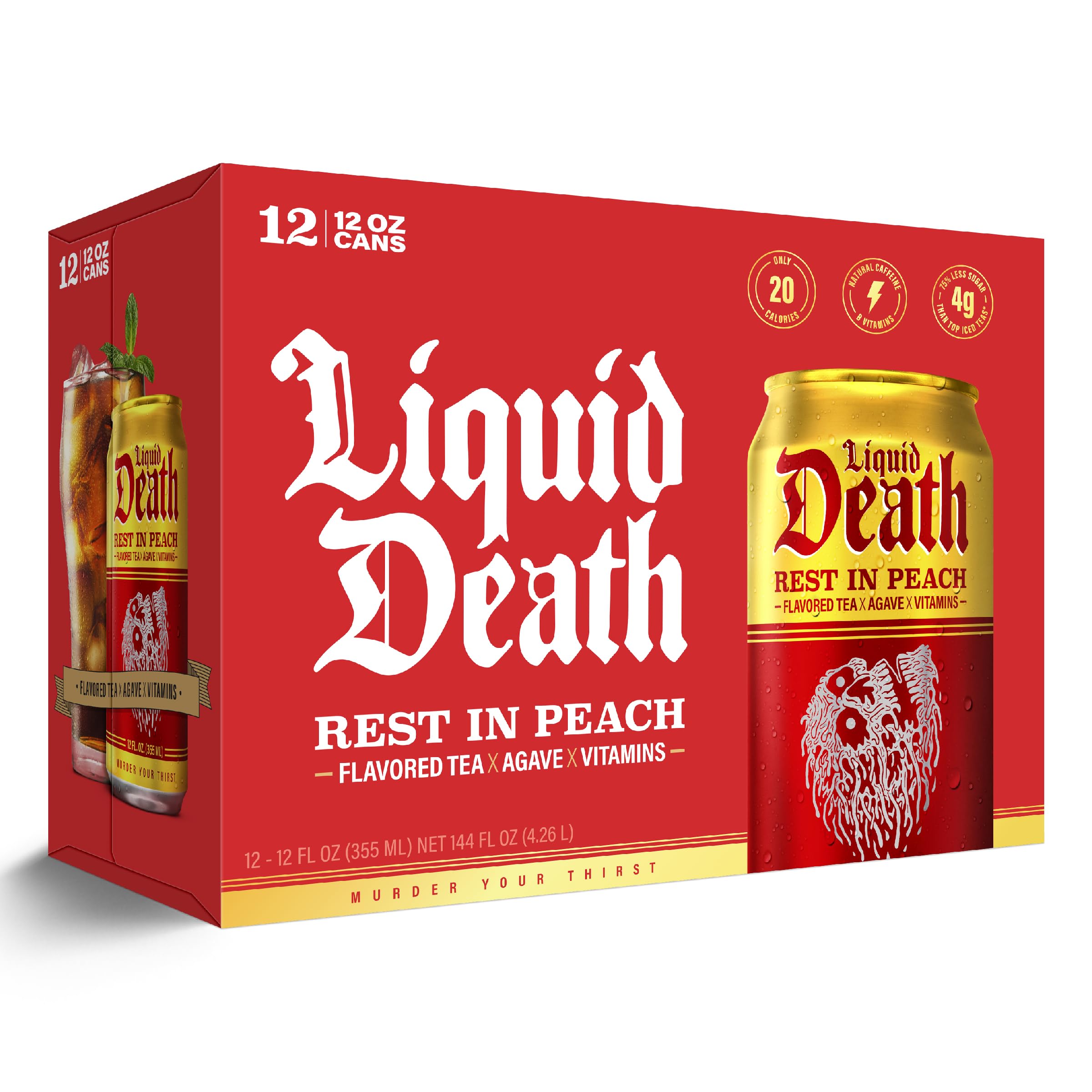 Liquid Death Rest In Peach branding against white background.