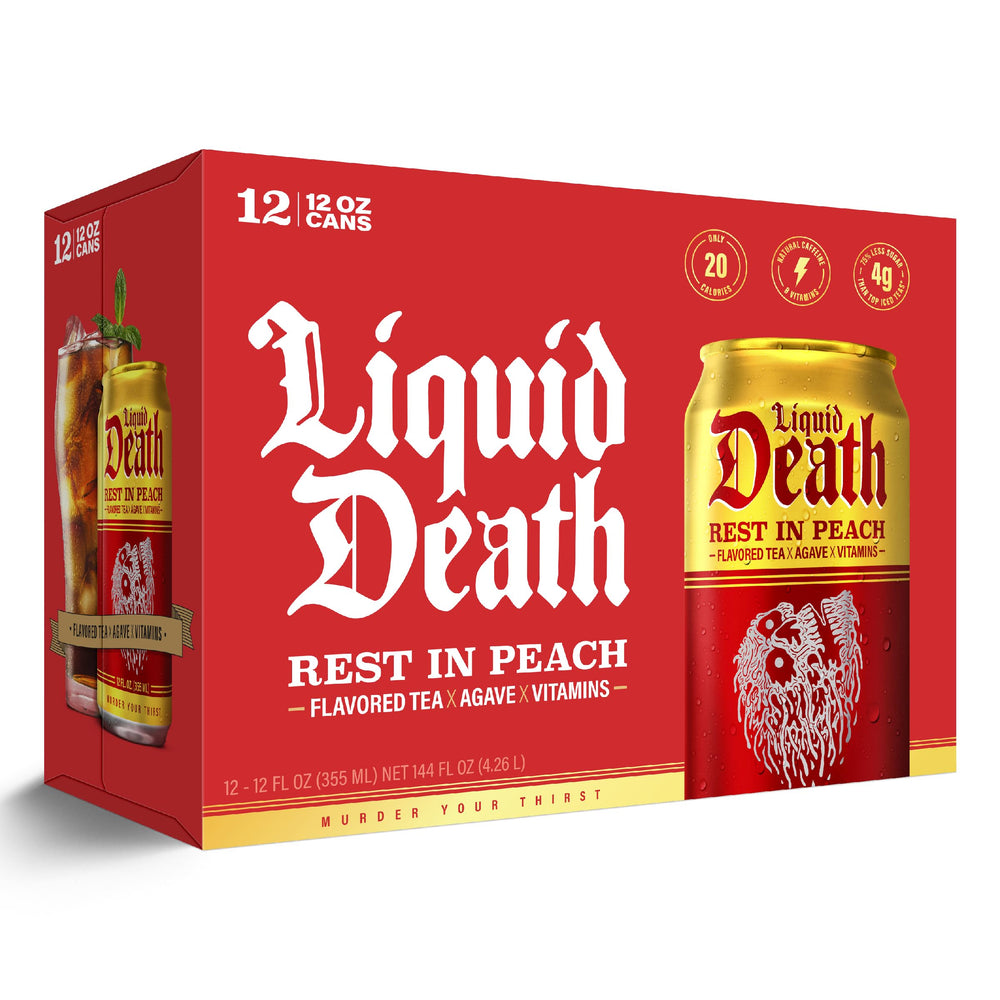 Liquid Death Rest In Peach branding against white background.