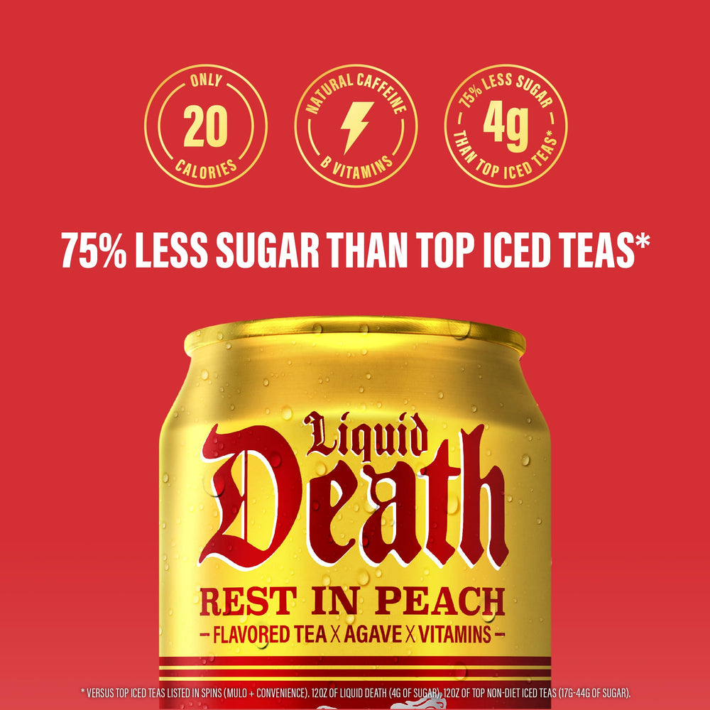 Liquid Death Rest In Peach glass pour reveals peachy aroma and tea notes.