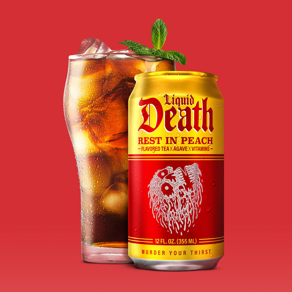 Liquid Death Rest In Peach in-store display emphasizes recyclable cans.