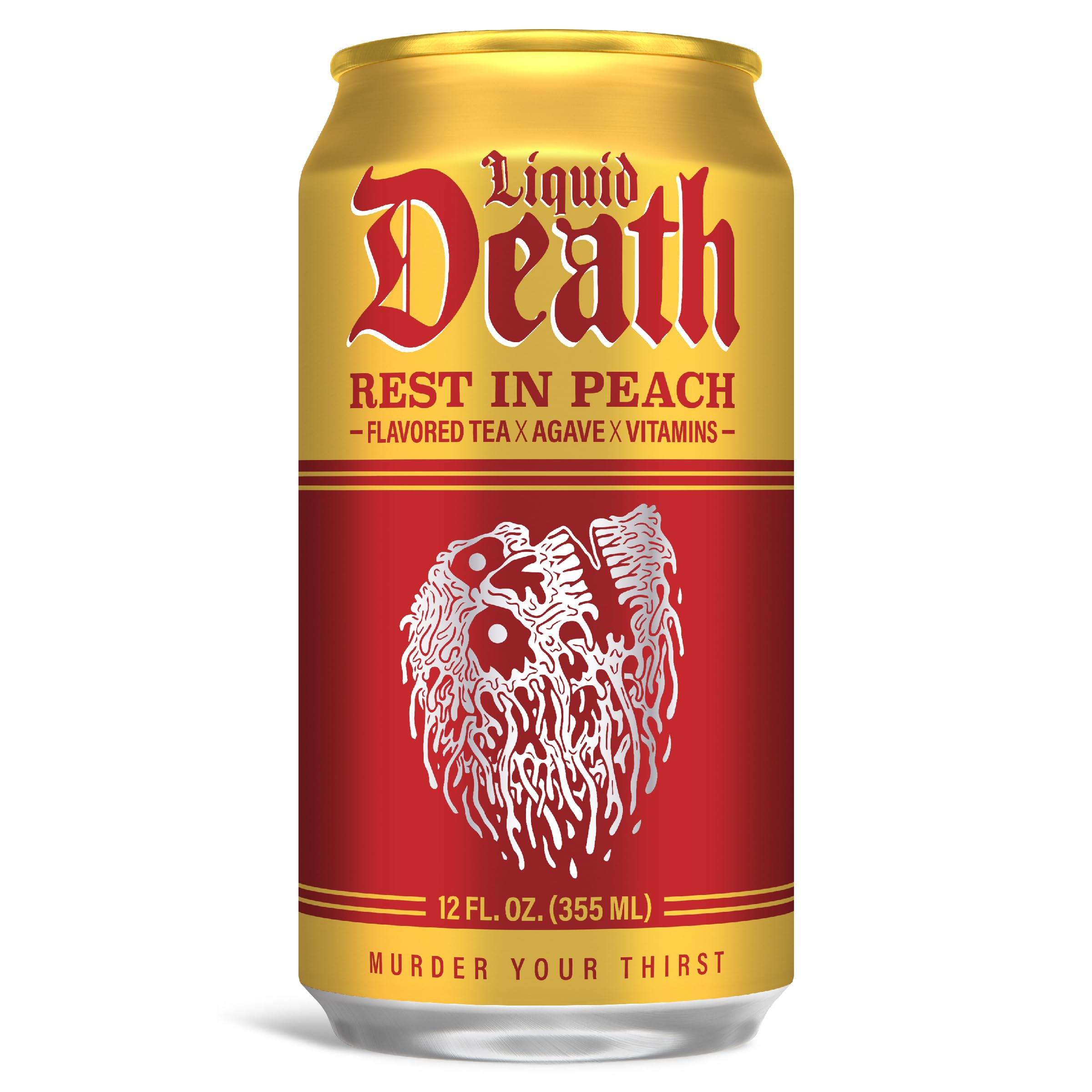 Liquid Death Rest In Peach label close-up with no artificial sweeteners mention.