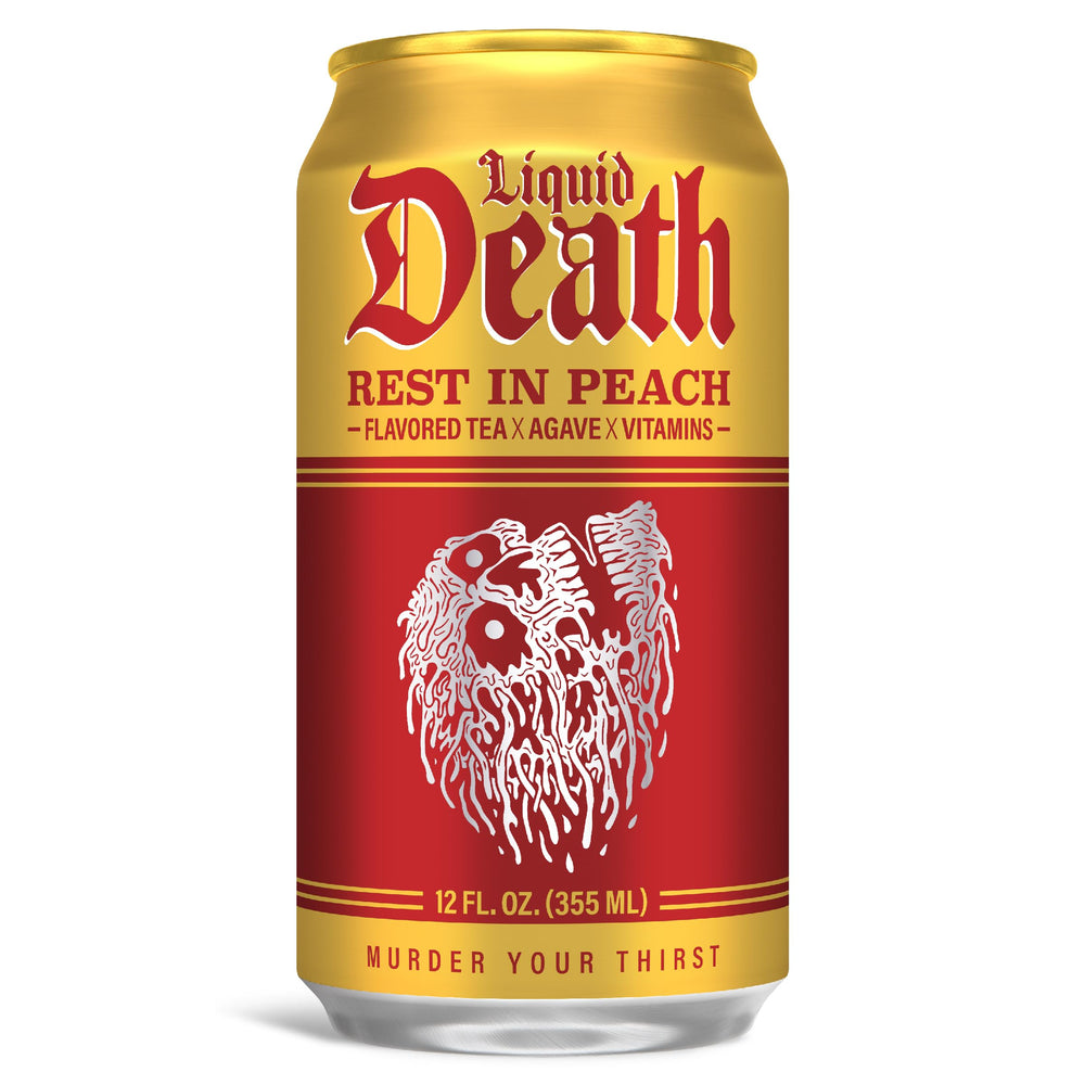 Liquid Death Rest In Peach label close-up with no artificial sweeteners mention.