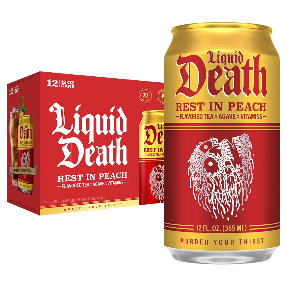 Liquid Death Rest In Peach iced tea can front view highlighting peach flavor and low sugar.